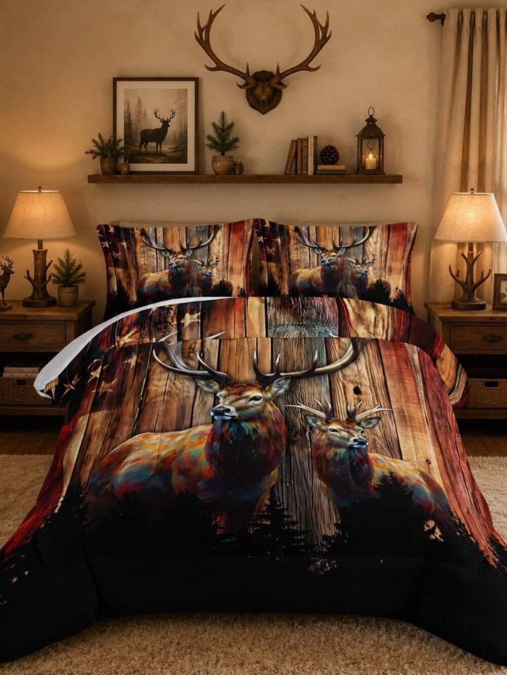 Forest Deer American Flag Bedding Set Queen Size with 2 Pillowcases.